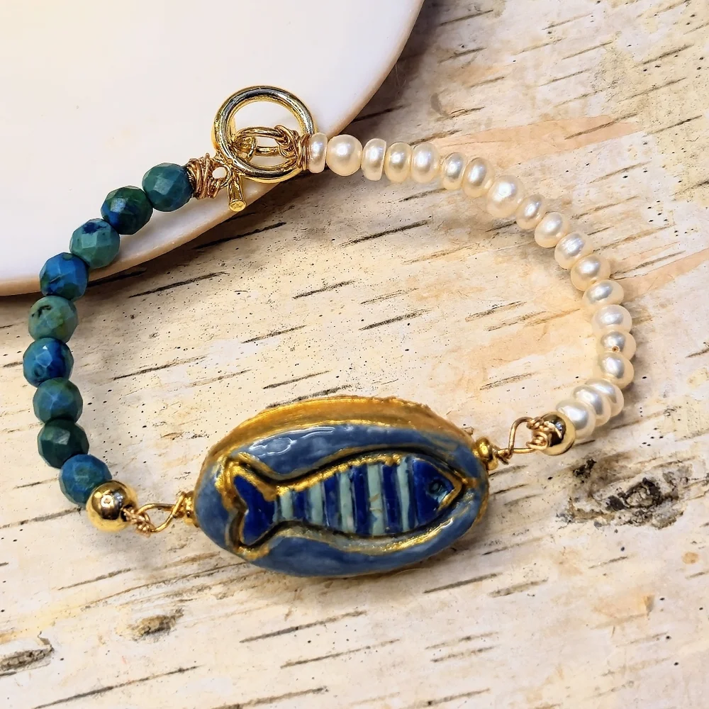 Santorini Inspired Handpainted Blue Fish, Azurite & Pearld In Artisan Bracelet